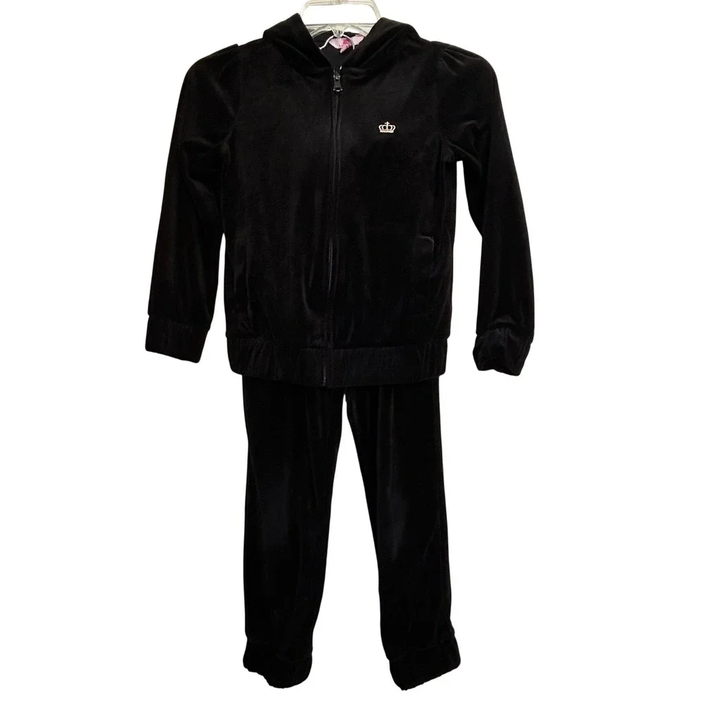 Juicy by Juicy Couture Girls‎ Black Velour Tracksuit Hoodie & Pants Set 7/8 S